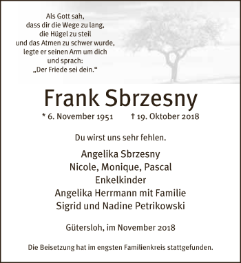 Traueranzeige von Frank Sbrzesny von Neue Westfälische