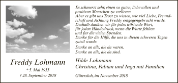 Traueranzeige von Freddy Lohmann von Neue Westfälische