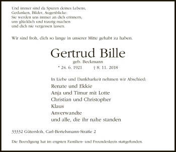 Traueranzeige von Gertrud Bille von Neue Westfälische