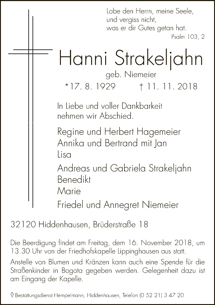  Traueranzeige für Hanni Strakeljahn vom 13.11.2018 aus Neue Westfälische