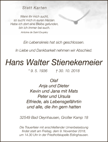 Traueranzeige von Hans Walter Stienekemeier