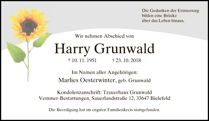  Traueranzeige für Harry Grunwald vom 10.11.2018 aus Neue Westfälische
