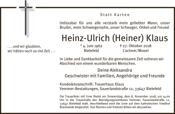Traueranzeige von Heinz-Ulrich Klaus von Neue Westfälische