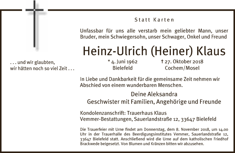  Traueranzeige für Heinz-Ulrich Klaus vom 03.11.2018 aus Neue Westfälische