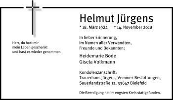 Traueranzeige von Helmut Jürgens von Neue Westfälische