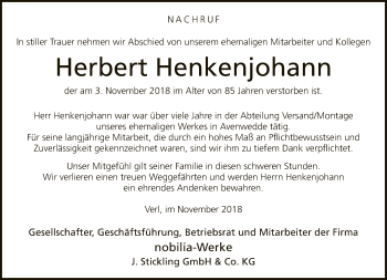 Traueranzeige von Herbert Henkenjohann von Neue Westfälische