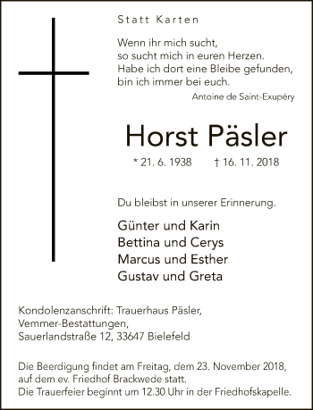 Traueranzeige von Horst Päsler von Neue Westfälische