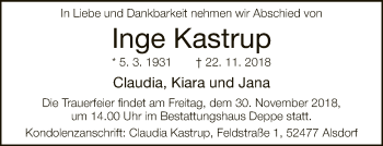Traueranzeige von Inge Kastrup von Neue Westfälische