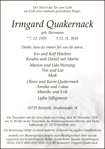 Traueranzeige von Irmgard Quakernack