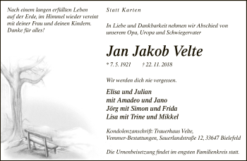 Traueranzeige von Jan Jakob Velte von Neue Westfälische