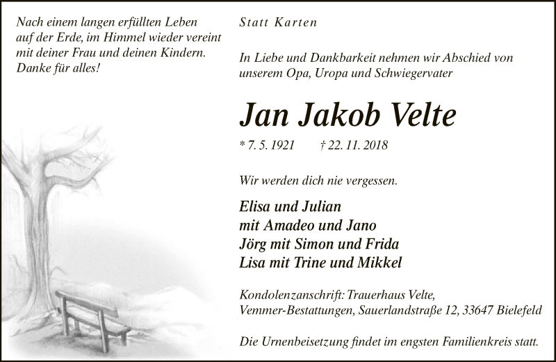  Traueranzeige für Jan Jakob Velte vom 24.11.2018 aus Neue Westfälische