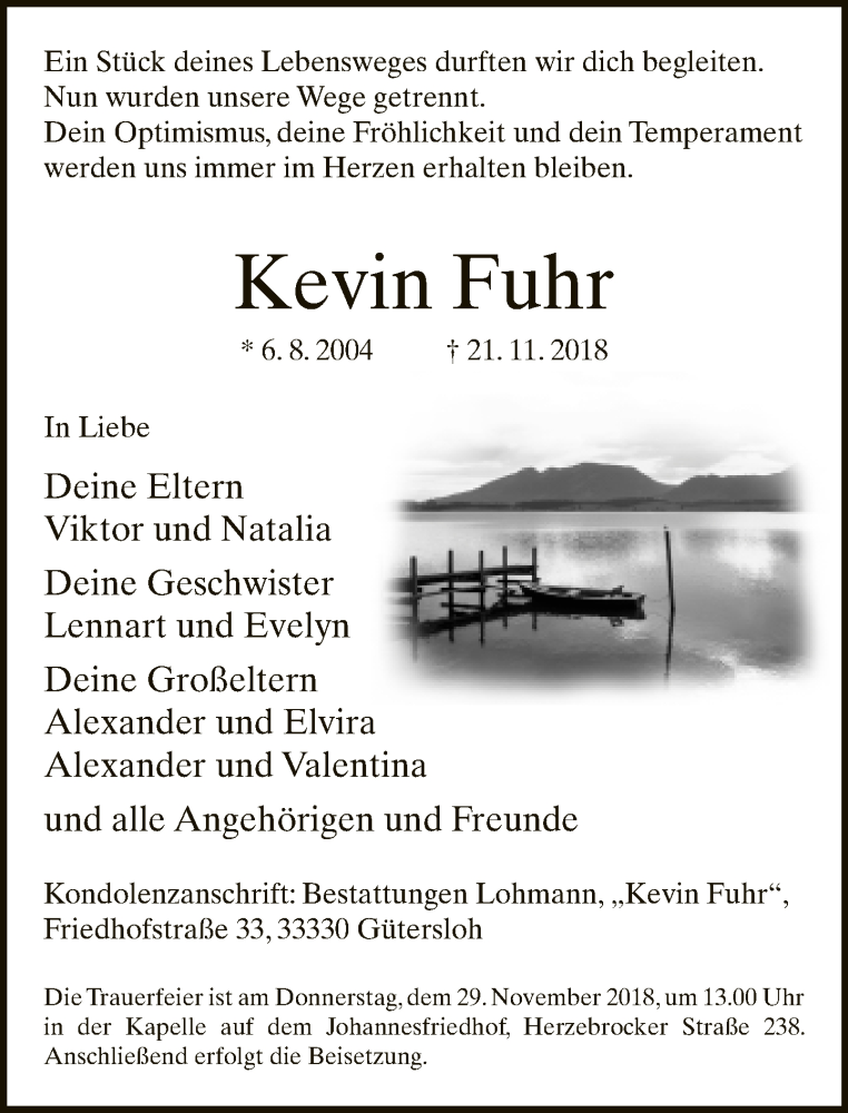  Traueranzeige für Kevin Fuhr vom 24.11.2018 aus Neue Westfälische