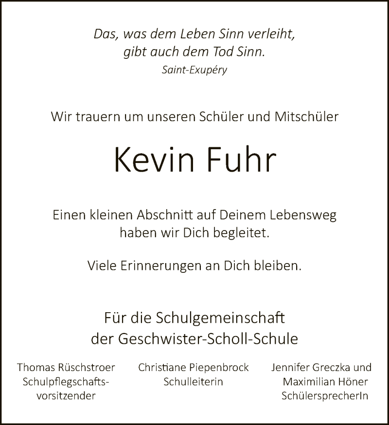  Traueranzeige für Kevin Fuhr vom 27.11.2018 aus Neue Westfälische