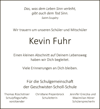 Traueranzeige von Kevin Fuhr von Neue Westfälische