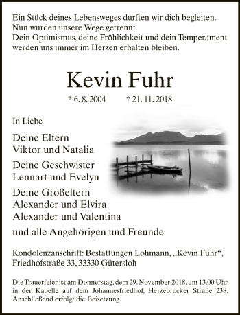 Traueranzeige von Kevin Fuhr von Neue Westfälische