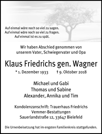 Traueranzeige von Klaus Friedrichs von Neue Westfälische