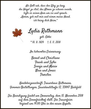 Traueranzeige von Lydia Ruthmann von Neue Westfälische