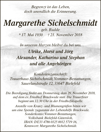 Traueranzeige von Margarethe Sichelschmidt von Neue Westfälische