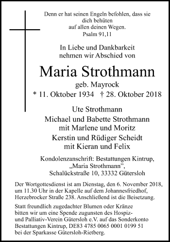 Traueranzeige von Maria Strothmann von Neue Westfälische