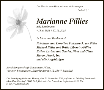 Traueranzeige von Marianne Fillies von Neue Westfälische