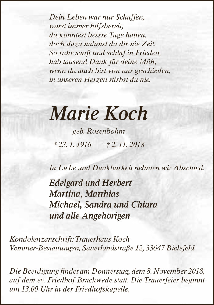  Traueranzeige für Marie Koch vom 03.11.2018 aus Neue Westfälische