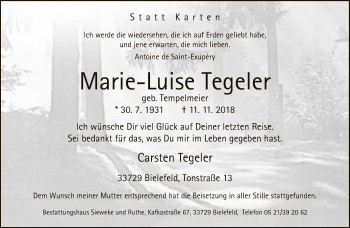 Traueranzeige von Marie Luise Tegeler