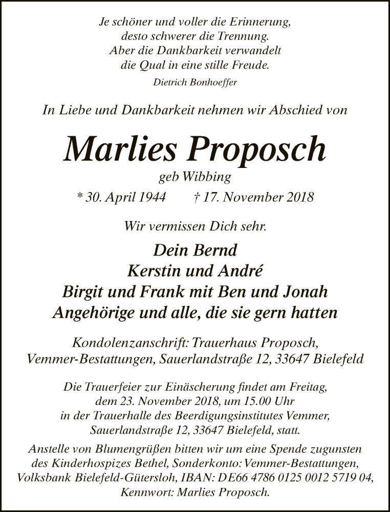  Traueranzeige für Marlies Proposch vom 21.11.2018 aus Neue Westfälische