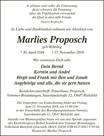Traueranzeige von Marlies Proposch von Neue Westfälische