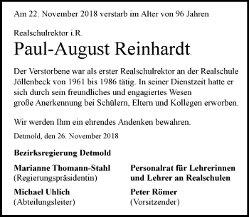 Traueranzeige von Paul-August Reinhardt von Neue Westfälische