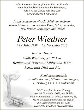 Traueranzeige von Peter Wiedner von Neue Westfälische