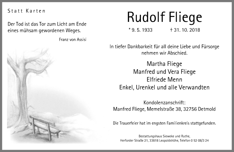  Traueranzeige für Rudolf Fliege vom 17.11.2018 aus Neue Westfälische