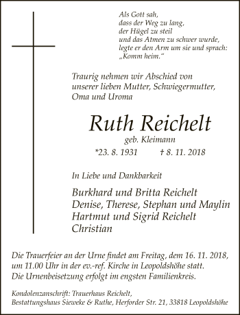 Traueranzeige von Ruth Reichelt von Neue Westfälische