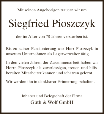Traueranzeige von Siegfried Pioszczyk von Neue Westfälische