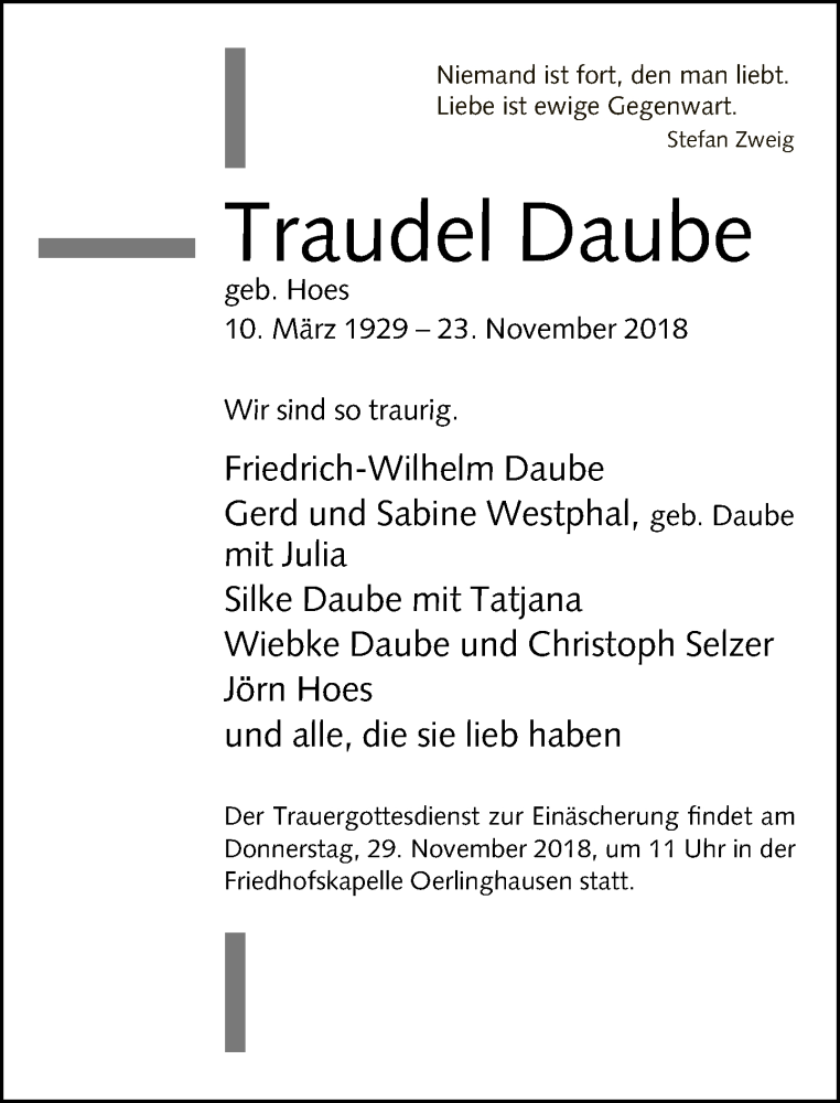 Traueranzeige für Traudel Daube vom 28.11.2018 aus Neue Westfälische