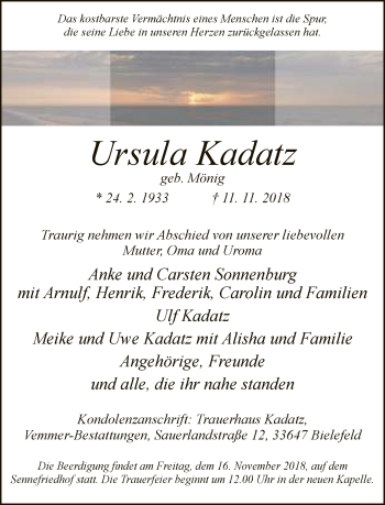 Traueranzeige von Ursula Kadatz von Neue Westfälische