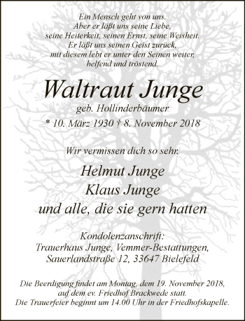 Traueranzeige von Waltraut Junge von Neue Westfälische