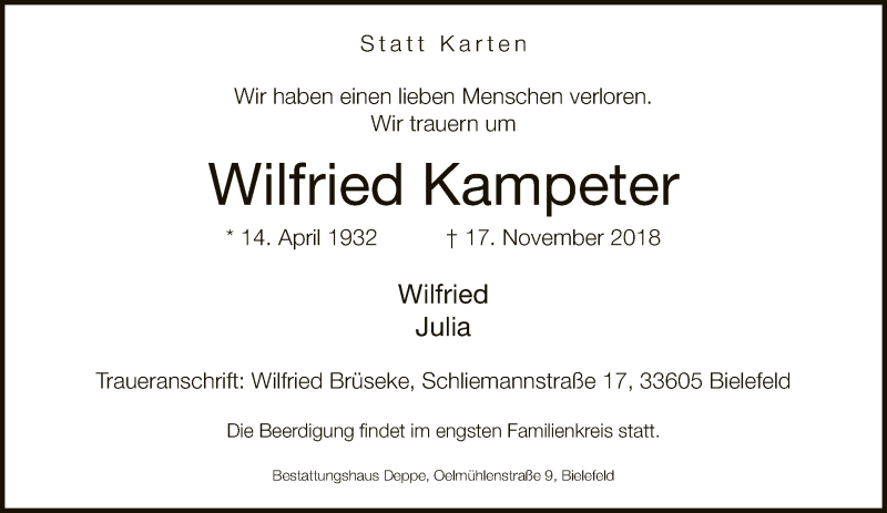  Traueranzeige für Wilfried Kampeter vom 24.11.2018 aus Neue Westfälische