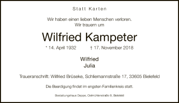 Traueranzeige von Wilfried Kampeter von Neue Westfälische