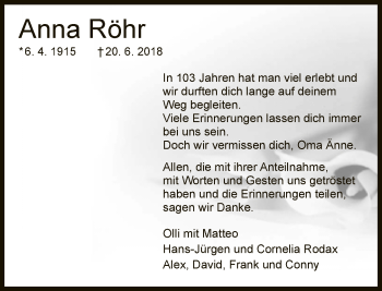 Traueranzeige von Anna Röhr von Neue Westfälische