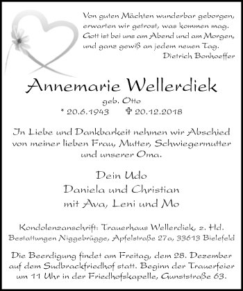 Traueranzeige von Annemarie Wellerdiek von Neue Westfälische