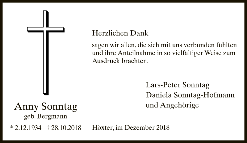  Traueranzeige für Anny Sonntag vom 22.12.2018 aus Neue Westfälische
