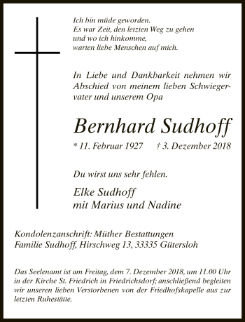 Traueranzeige von Bernhard Sudhoff von Neue Westfälische