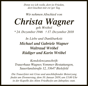 Traueranzeige von Christa Wagner von Neue Westfälische