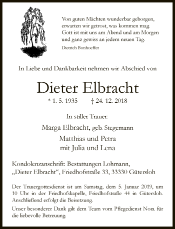 Traueranzeige von Dieter Elbracht von Neue Westfälische