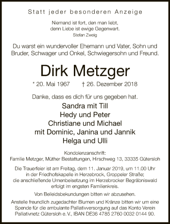 Traueranzeige von Dirk Metzger von Neue Westfälische
