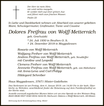 Traueranzeige von Dolores Freifrau von Wolff-Metternich von Neue Westfälische