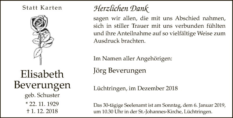 Traueranzeige für Elisabeth Beverungen vom 15.12.2018 aus Neue Westfälische