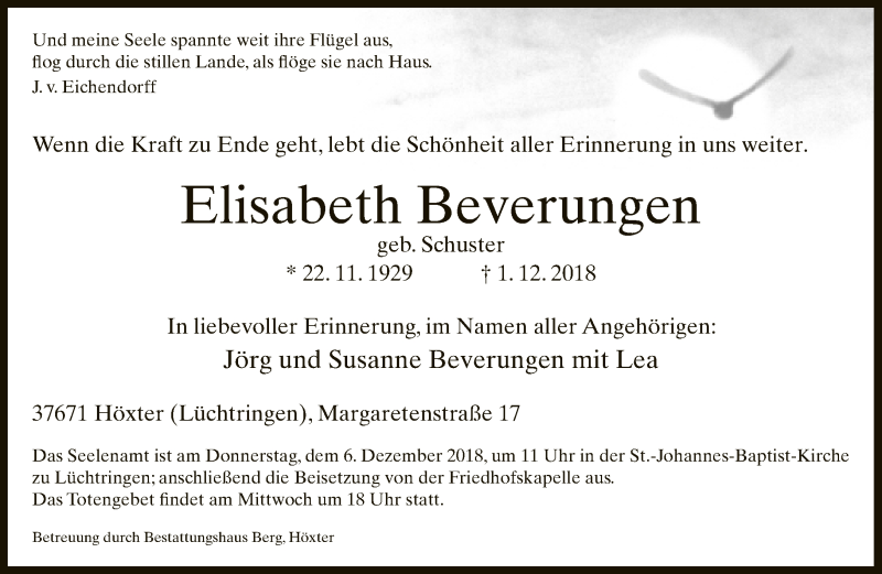  Traueranzeige für Elisabeth Beverungen vom 04.12.2018 aus Neue Westfälische
