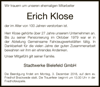 Traueranzeige von Erich Klose von Neue Westfälische