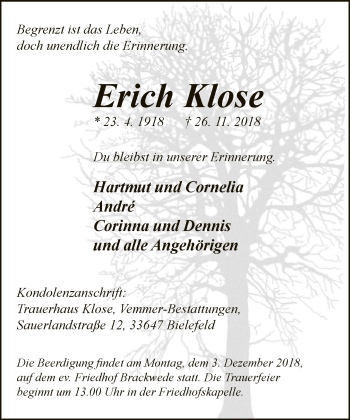 Traueranzeige von Erich Klose von Neue Westfälische